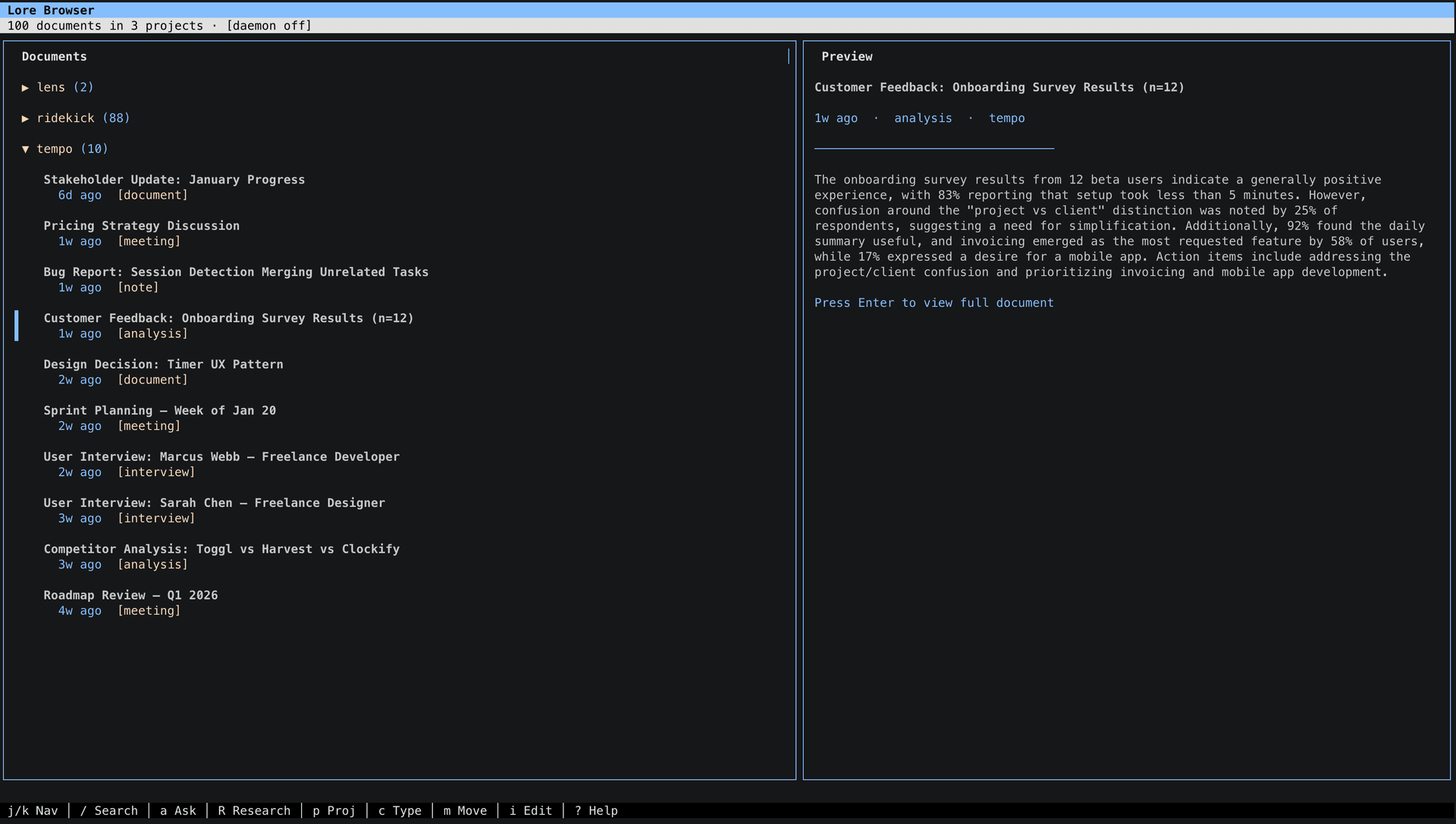 Lore TUI — browse documents, search, and research from the terminal