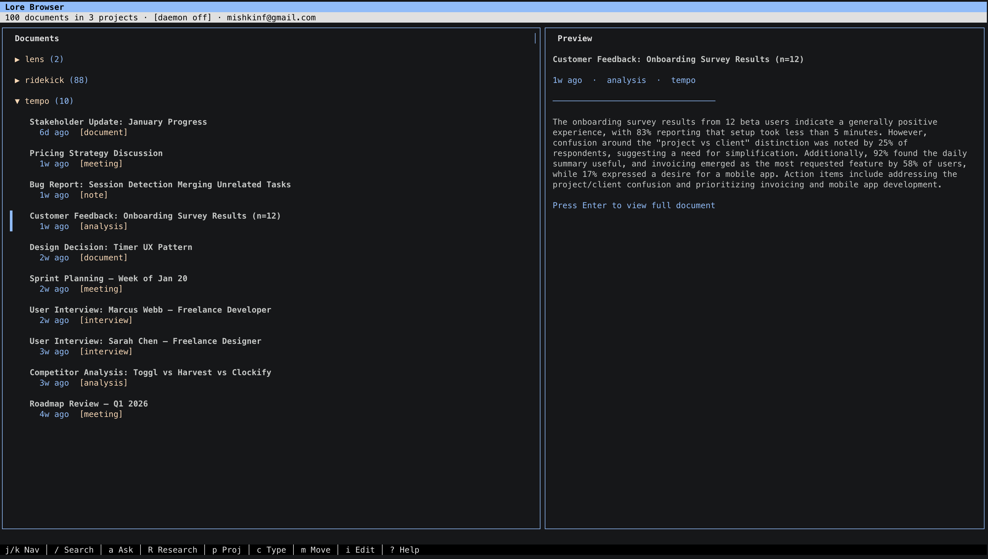 Lore TUI — browse documents, search, and research from the terminal